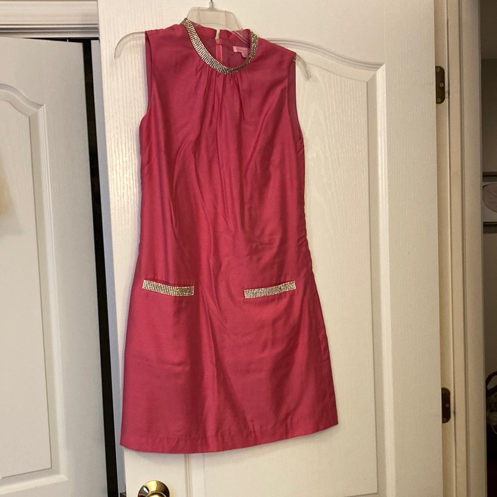Lilly Pulitzer hot pink dress. Rhinestone collar and pockets.